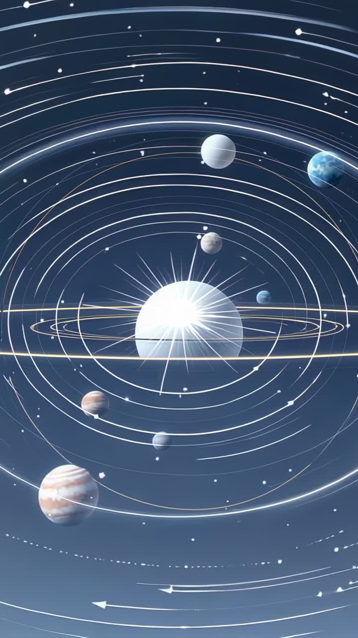 Vertical video: Emerging star driving planets along rings revolving clockwise in space, with debris