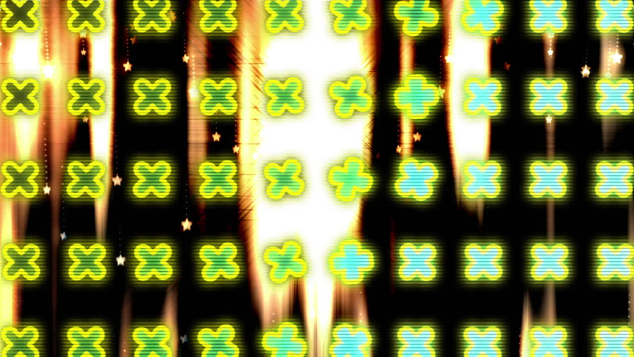 검은색 배경에 떨어지는 별에 맞춰  ⁇ 니없는 패턴으로 십자가 표지판 위에 추상적인 모양