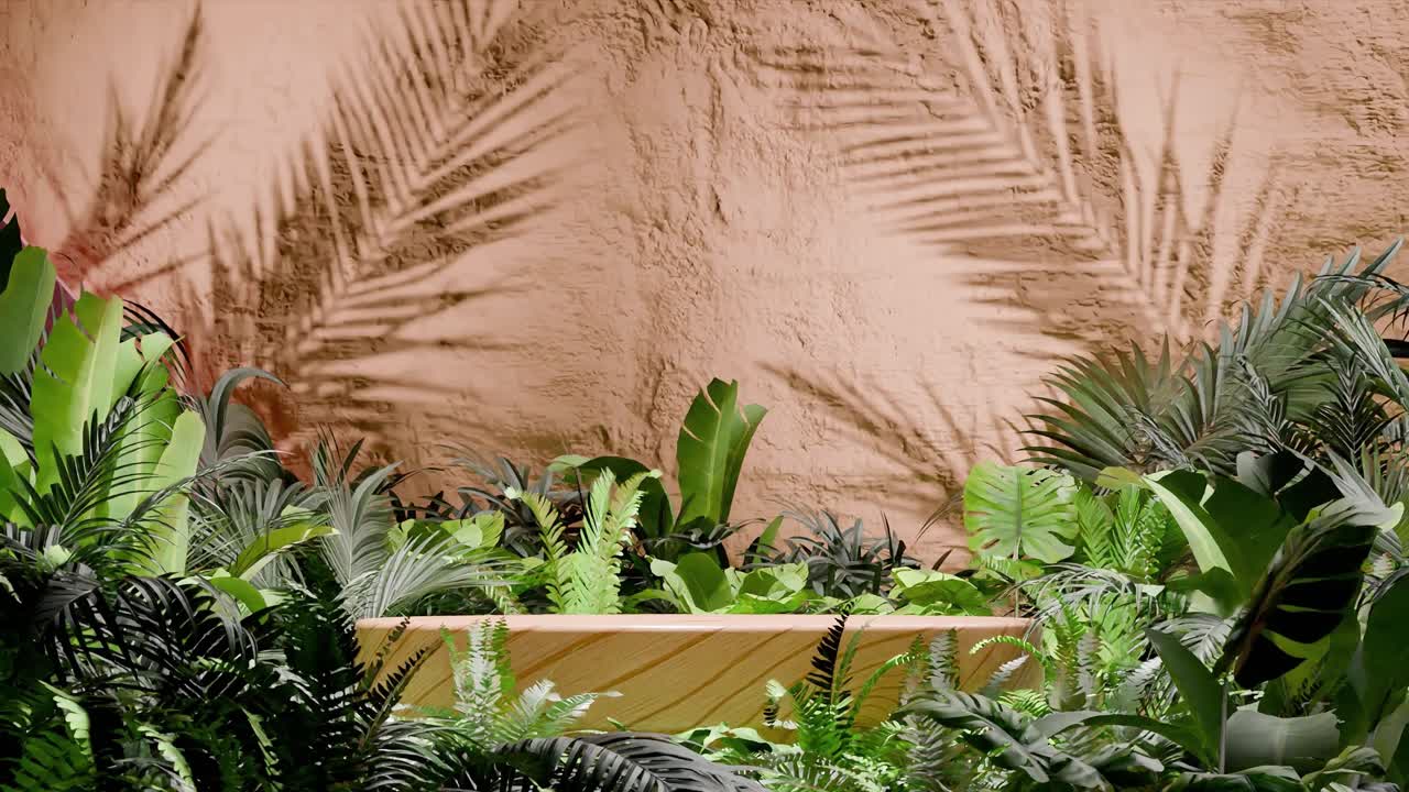 Wooden podium surrounded by tropical green foliage with palm leaf shadows on beige textured wall. Minimalist product display template. Summer botanical and nature. wallpaper with copy space