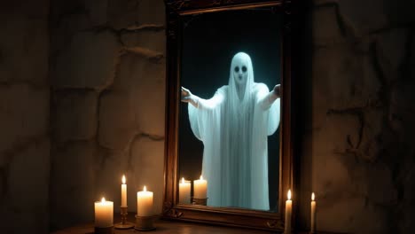 a ghostly reflection in an old mirror with candles