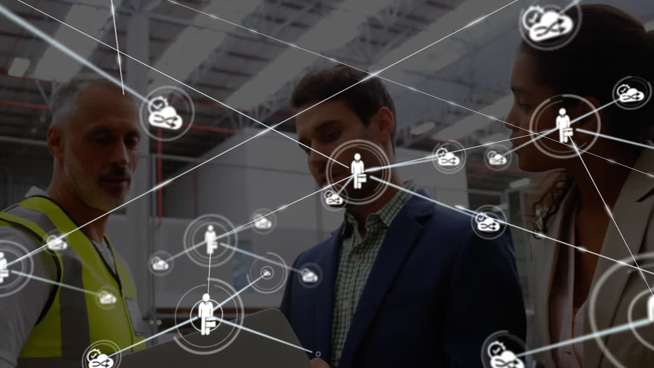 discusión de negocios, personas diversas con conexiones de red y animación de procesamiento de datos