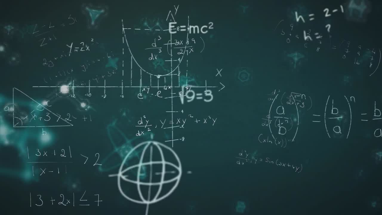 animación de ecuaciones matemáticas y símbolos médicos que se mueven sobre un fondo negro