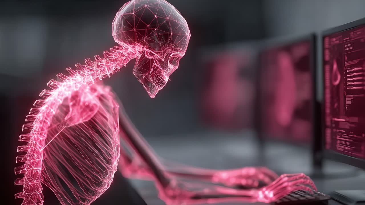 Uno scheletro digitale futuristico impegnato nell'elaborazione dei dati, che brilla di luce rosa neon, circondato da monitor che mostrano informazioni complesse in un ambiente ricco di tecnologia.