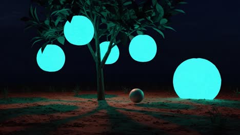 a surreal night scene featuring glowing orbs hanging from a tree, surrounded by a mystical landscape that captivates the imagination and evokes a sense of wonder