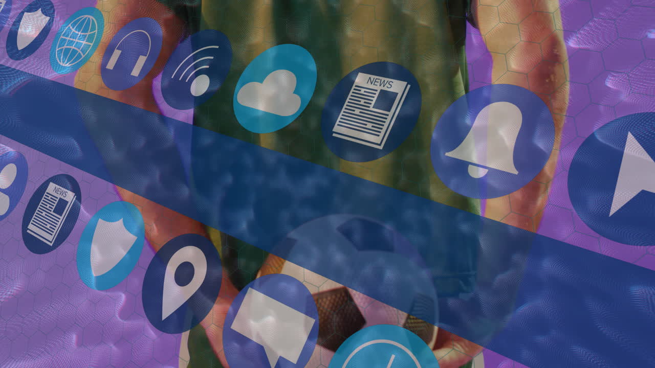 Holding soccer ball, person with digital icons overlaying, representing sports animation