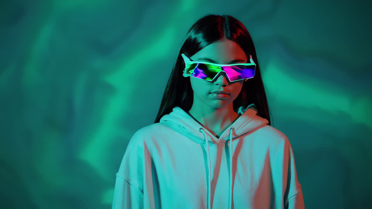 Young Woman in Futuristic Glasses with Neon Lighting
