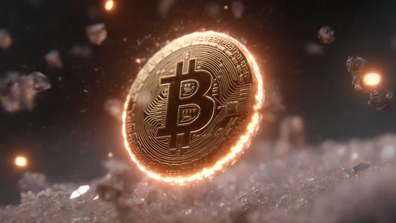 A Dynamic Visualization of Bitcoin: The Golden Cryptocurrency Coin Surrounded by Glowing Energy and Digital Particles, Symbolizing Innovation and Value in the Digital Age
