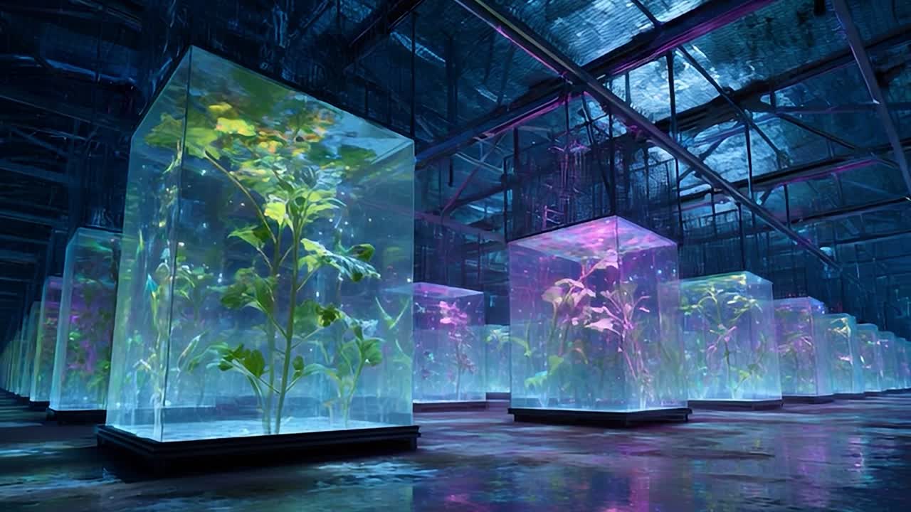 Unique bioluminescent plants displayed in large glass containers indoors