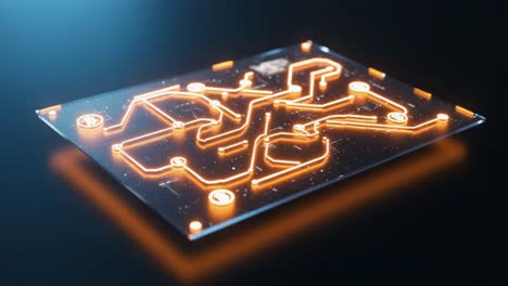 exploring a futuristic circuit board with intricate pathways and illuminated connections, showcasing a blend of technology and design in a stunning visualization