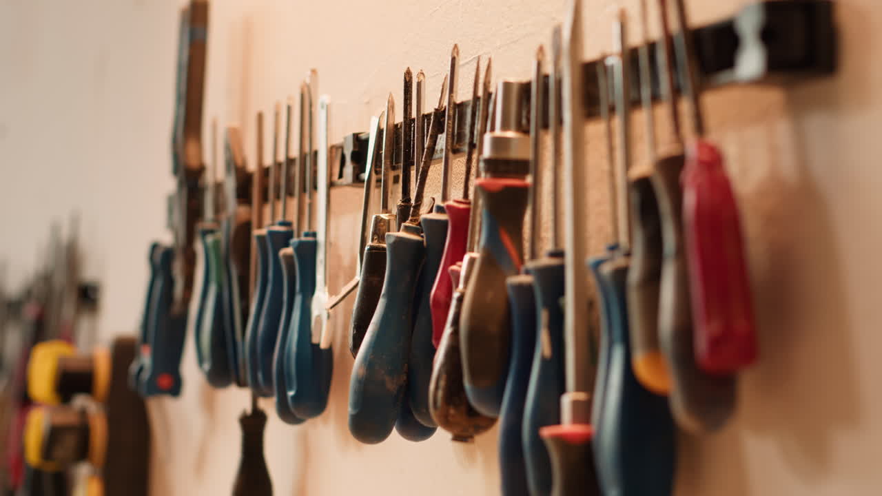 Chisels, screwdrivers, wrench and pliers on wall in furniture assembly shop