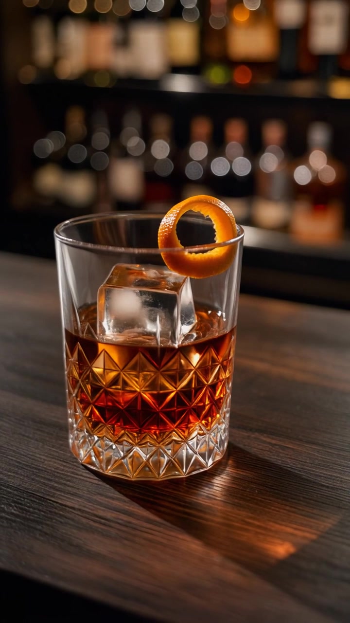 Cocktail Old Fashioned con guarnizione di scorza d'arancia su bancone da bar