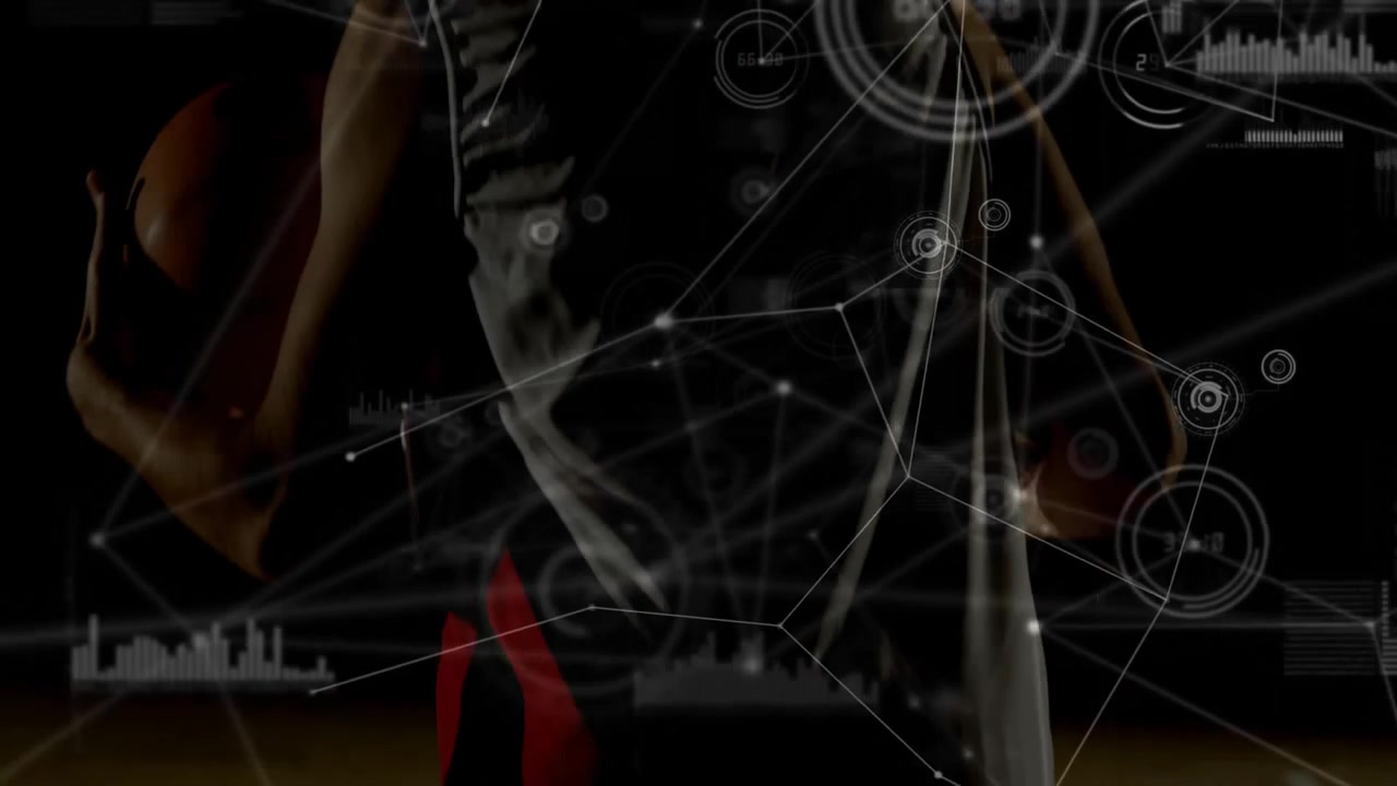 Atleta masculino de pie en cancha de baloncesto, mostrando datos deportivos con nodos de red y gráficos de barras.