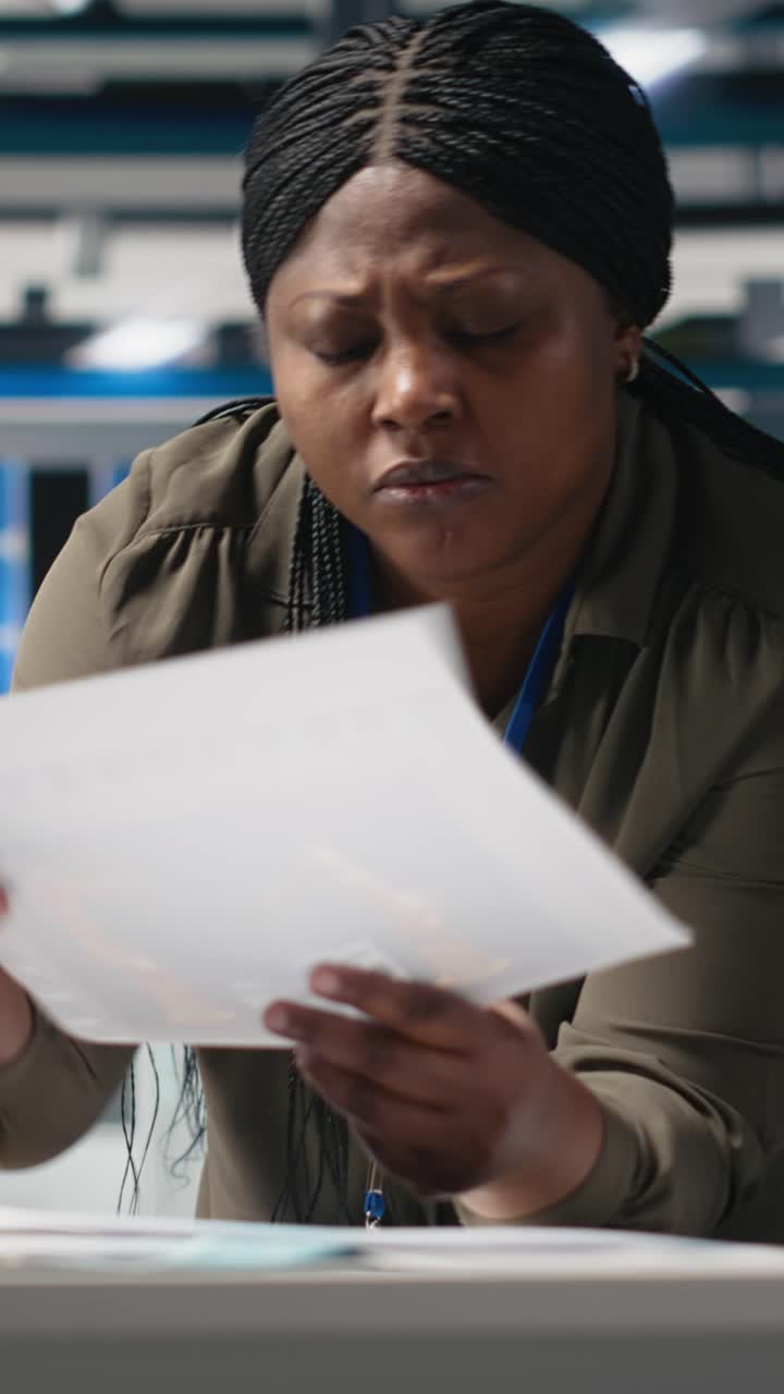 Vertical Video Black engineering expert checking data on papers at the solar energy factory