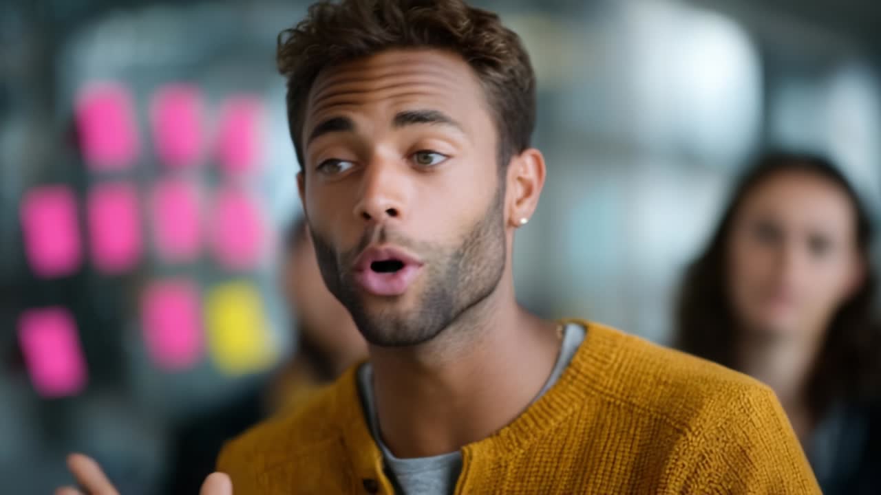 Engaging Discussion: A Young Man in a Cozy Sweater Expresses Ideas Passionately, Captivating His Audience with Thoughtful Insights and Enthusiastic Gestures in a Modern, Collaborative Environment