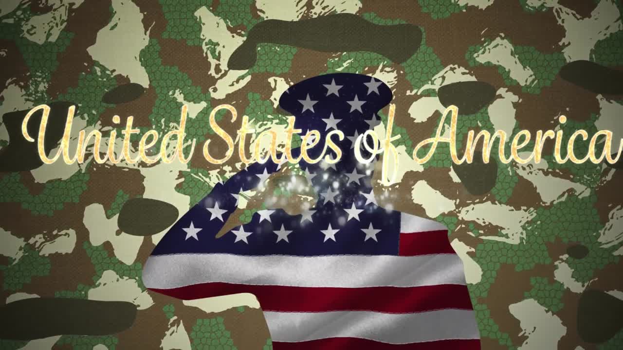 United states of america text over silhouette of soldier against camouflage background