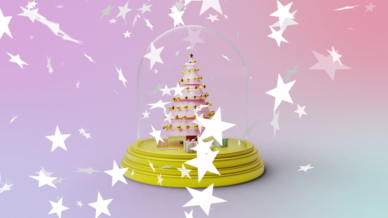 анимация звезд, падающих на рождественскую елку, снежный глобус на розовом фоне.