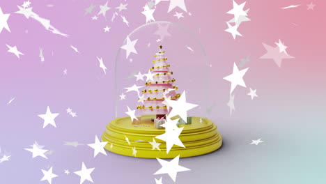 animación de estrellas cayendo sobre el árbol de navidad globo de nieve en fondo rosa.