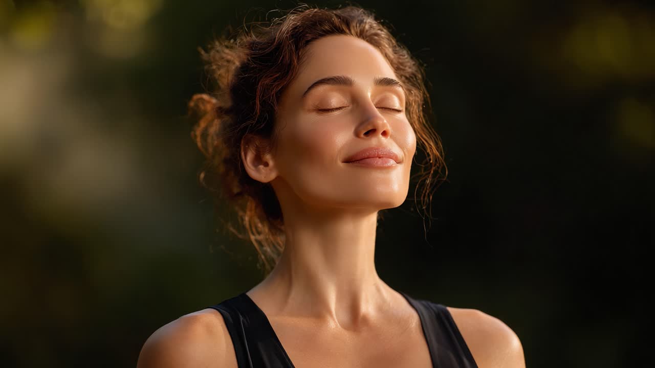 Un momento sereno di pace interiore e riflessione catturato in una luce meravigliosa, che mostra una donna tranquilla con un sorriso appagato che abbraccia la gioia della calma.