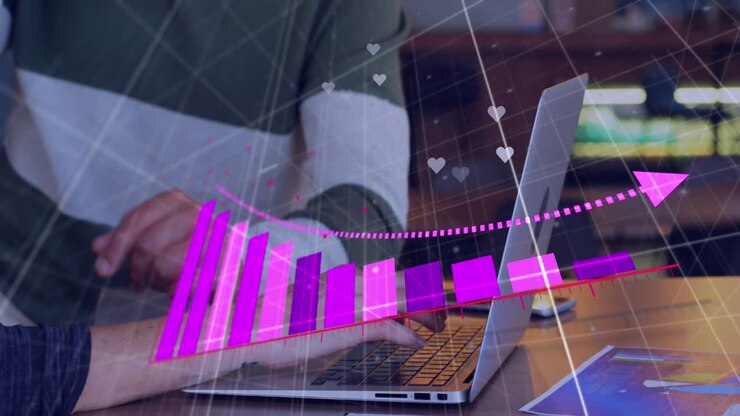 Animation of statistical data processing over mid section of man and woman discussing over a laptop