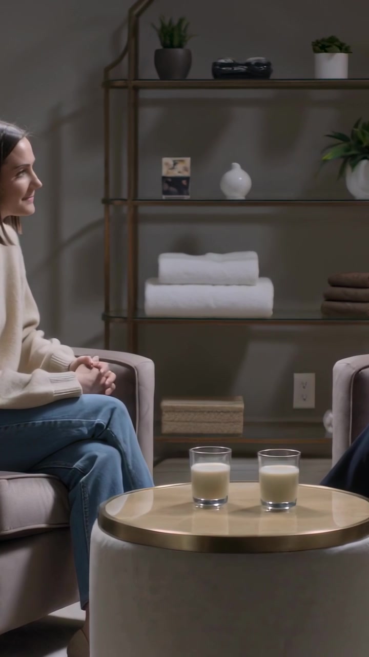 Vertikal video: Kameraet trækker sig tilbage, kvinde i cremefarvet sweater taler i lounge med 2 glas, med plads til tekst.