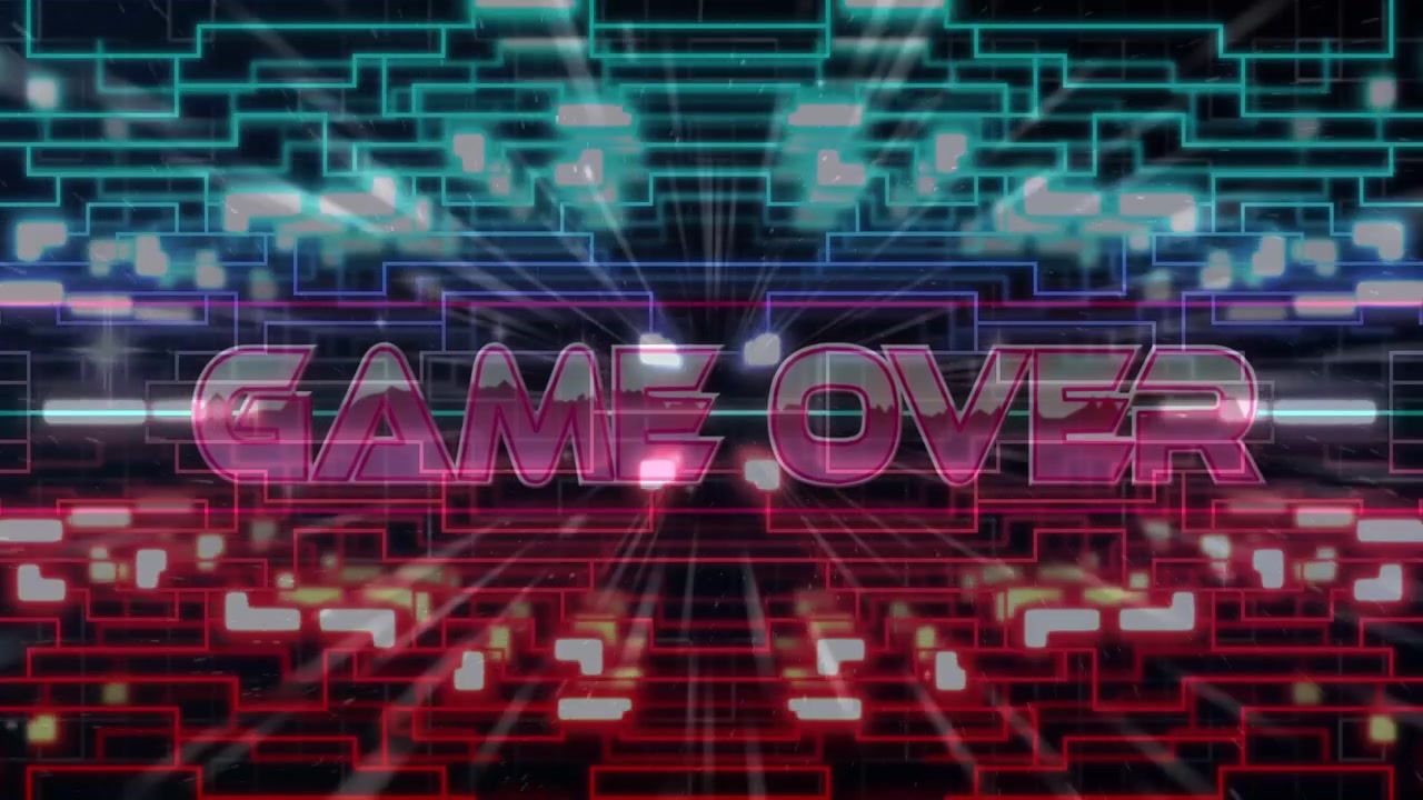 Gaming endscreen showing magenta GAME OVER sign appearing as grid revealing, outlining wireframes
