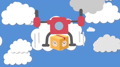 Digital-animation-of-helicopter-icon-carrying-delivery-package-box-with-ticking-clock-against-clouds