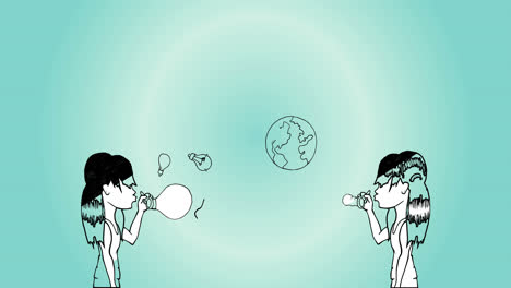 Animation-of-girls-blowing-light-bulb-and-earth-balloons