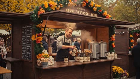 a cozy hot chocolate stand in a vibrant market, providing warmth and delight as visitors enjoy a festive autumn atmosphere surrounded by colorful decorations