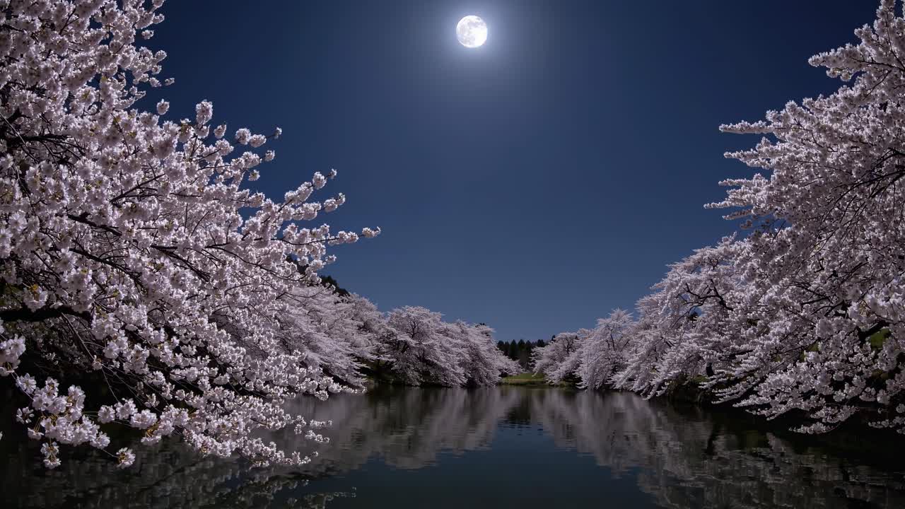 A serene night scene video with a low-angle view of cherry blossoms reflecting on a calm river