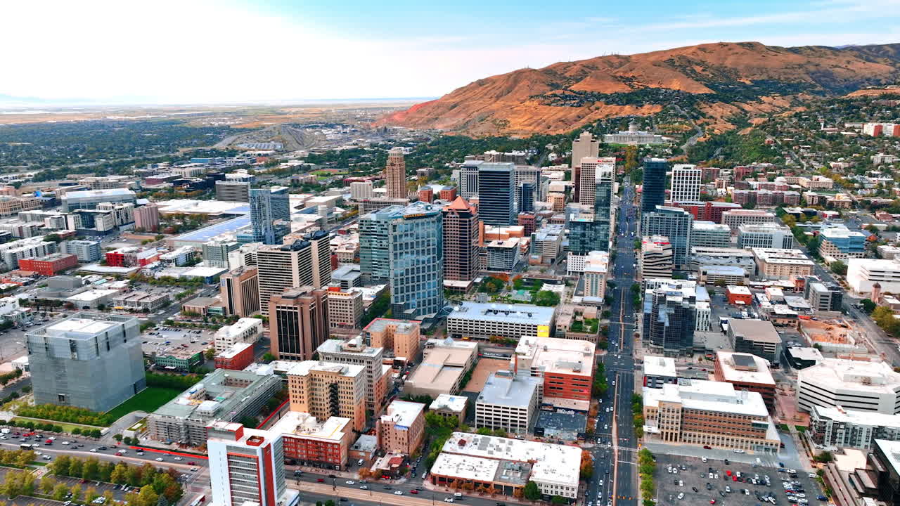 Salt Lake Sity USA, 1 August 2025: Aerial View of Salt Lake City Urban Core. A bright aerial panorama of Salt Lake City