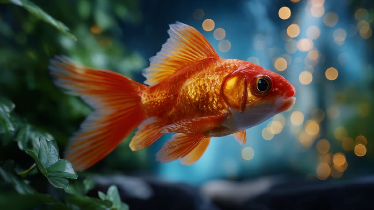 En guldfisk, der svømmer elegant gennem et smukt dekoreret akvarium med funklende lys og frodigt grønt i baggrunden
