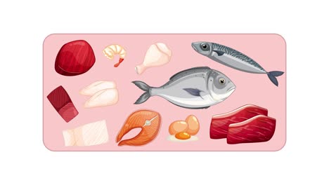 various meat and fish cuts smoothly appear and arrange on a clean, softly lit background