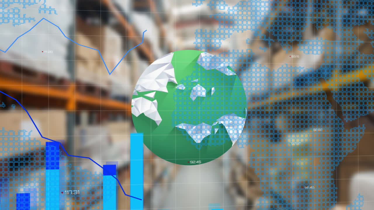 전 세계와 창고에서 금융 데이터 처리의 애니메이션