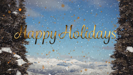 animation of happy holidays text and snow falling over winter landscape