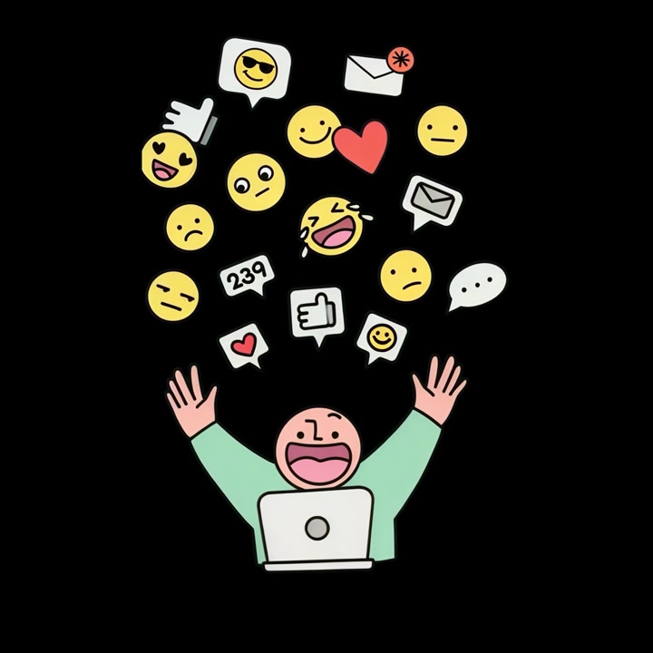 Animeret karakter bruger bærbar computer omgivet af sociale medie-emojis