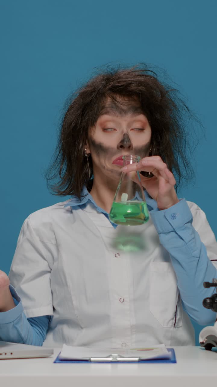 Crazy scientist in laboratory with conical flask
