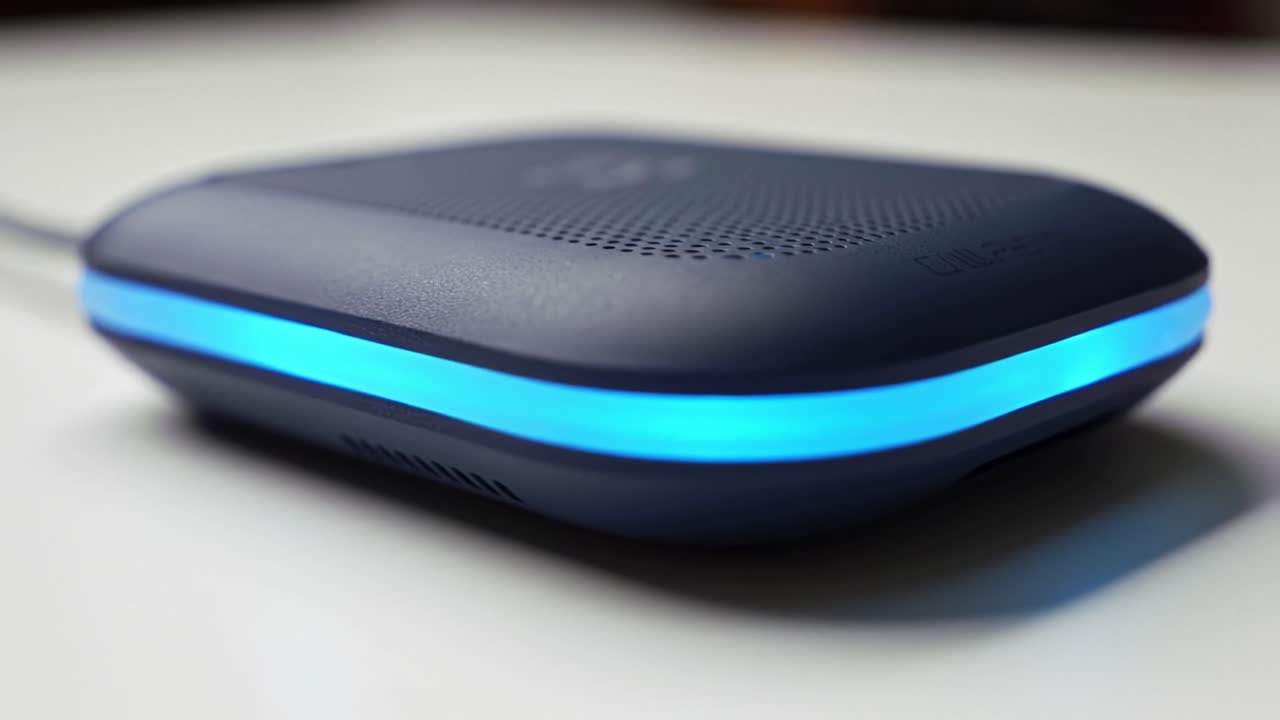 Close-up of a portable audio device with blue light