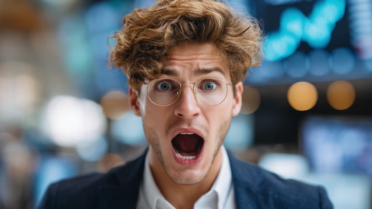 A Surprised Young Man Expressing Intense Emotion in a Professional Setting, Captured in Two Dramatic Frames Reflecting Shock and Concern