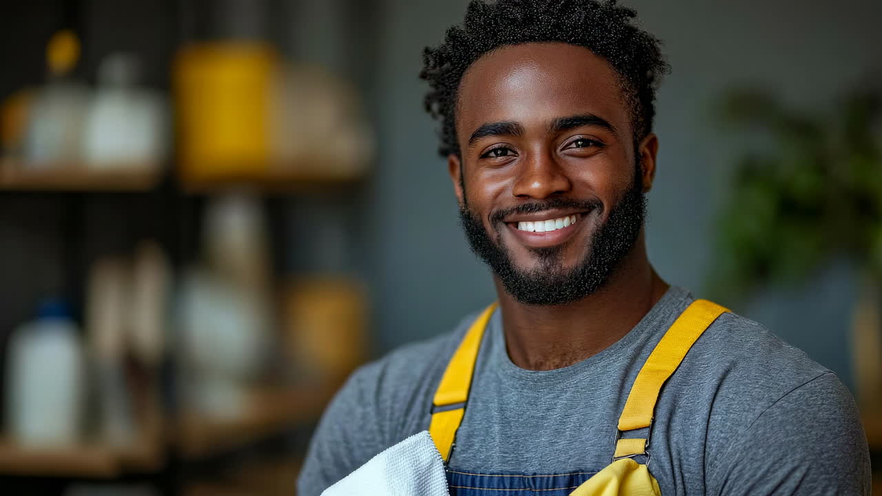 Smiling man in yellow apron. A friendly man wearing a gray shirt and yellow apron stands in a workshop, surrounded by tools and supplies