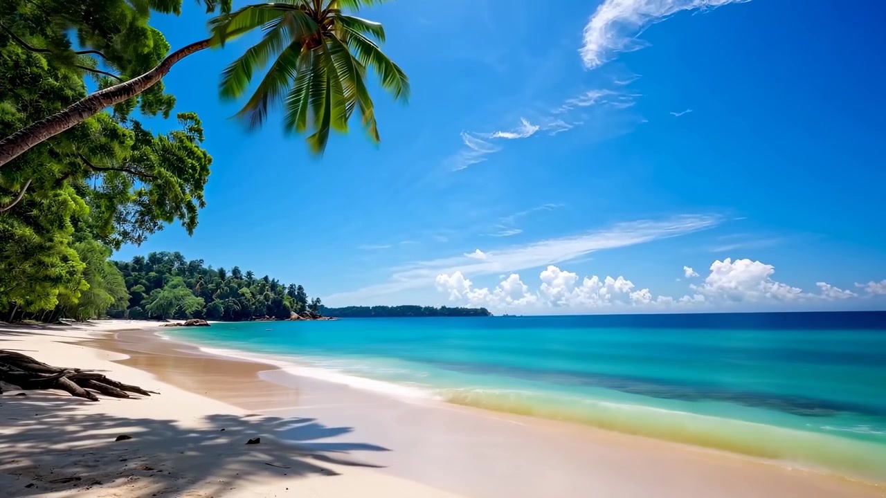 Praia Tropical Serena com Areia Branca e Mar Azul Cristalino