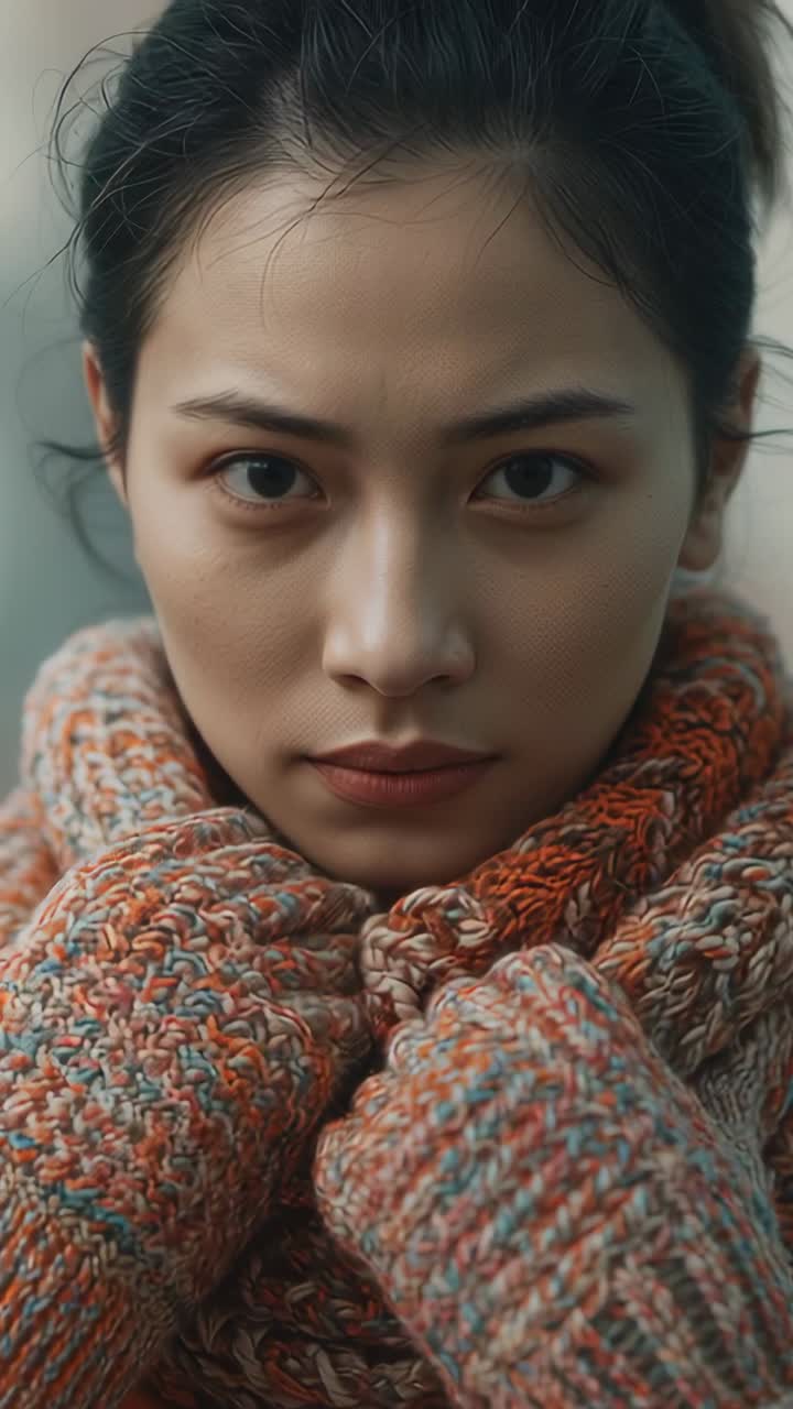 Vertical video: Pulling scarf around neck, woman holding gaze, pressing mittens for warmth on wall