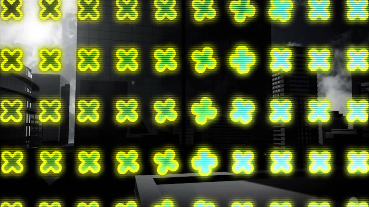 animación de cruces verdes que giran sobre el fondo del paisaje urbano