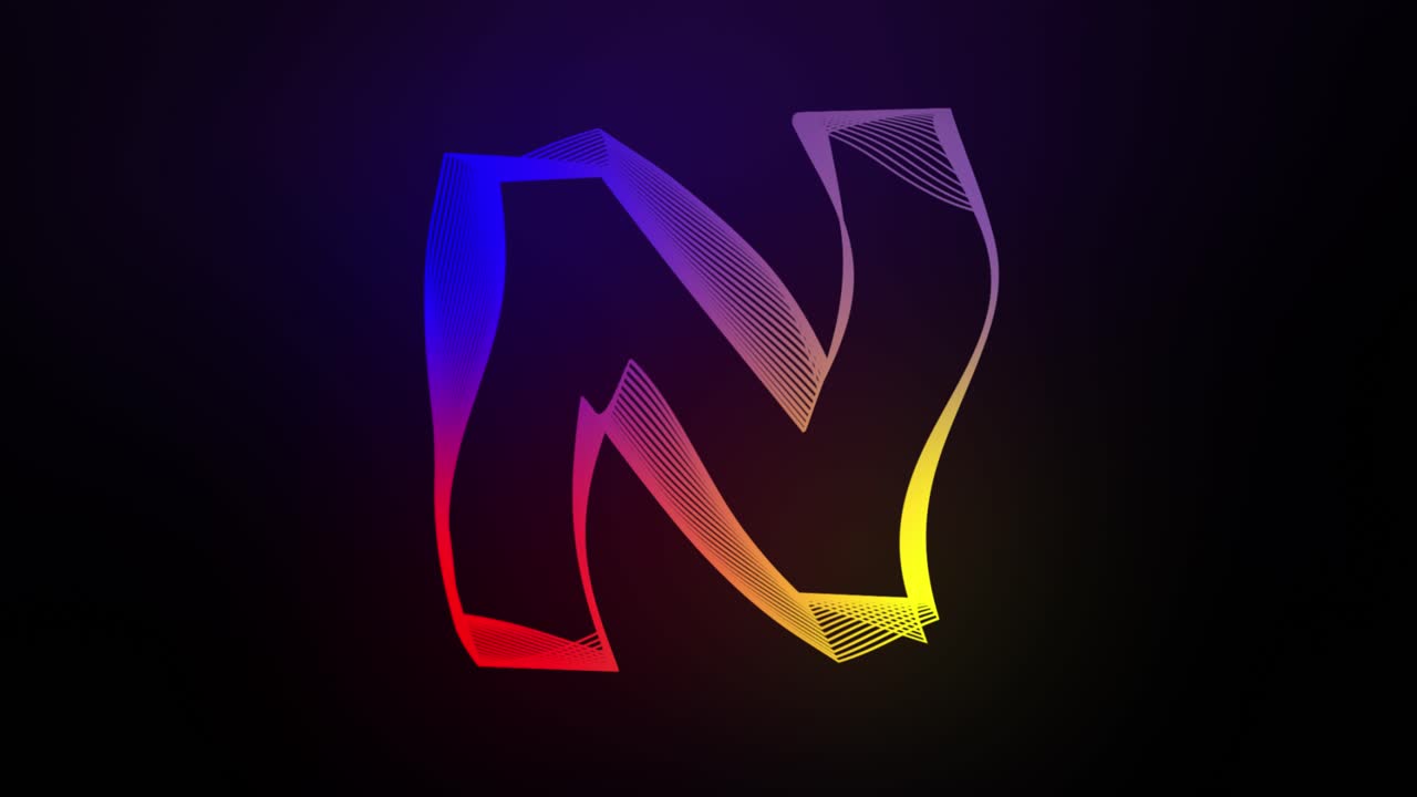 3d letra n líneas giratorias animación en fondo de gradiente oscuro abstracto gráfico de movimiento dinámico tipografía de brillo de partículas efecto visual arco iris alfabeto digital