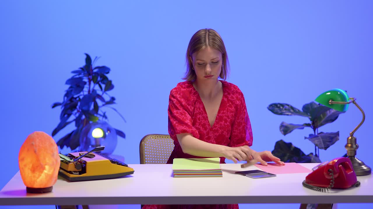 A cheerful woman presses a stamp onto colorful pastel documents at a retro-inspired workspace filled with nostalgic decor like a typewriter, rotary phone and classic desk lamp