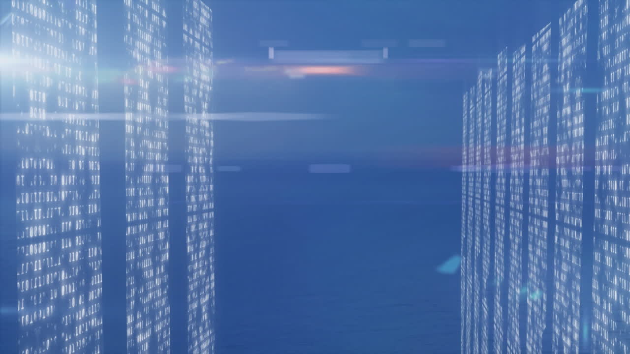 Futuristic digital seascape being rendered in 3D at dusk, with binary panels and lens?flare streaks