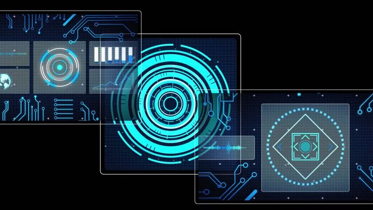 Animation of data processing with scope scanning on black background