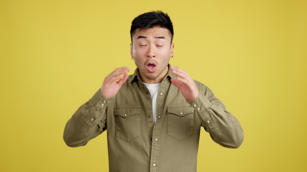 Man with shocked or surprised expression on a yellow background