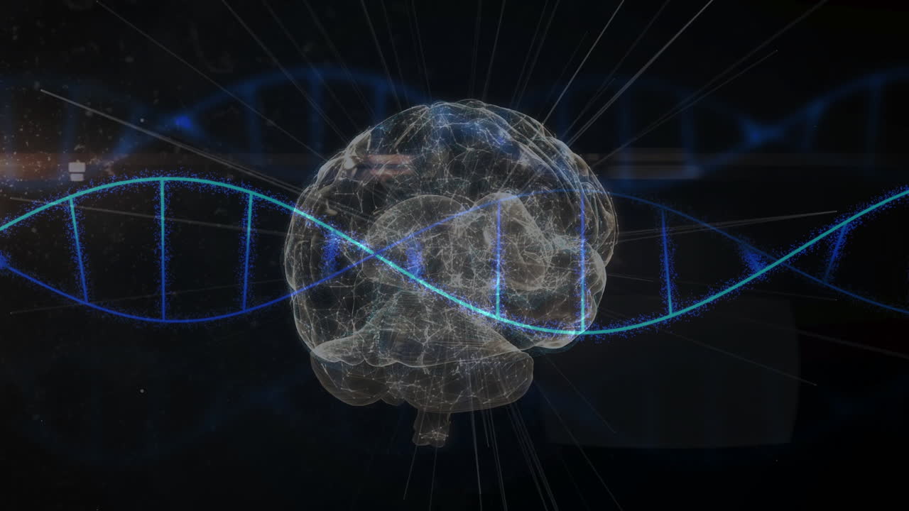 In school, animation of DNA intertwining with transparent brain for genetic research