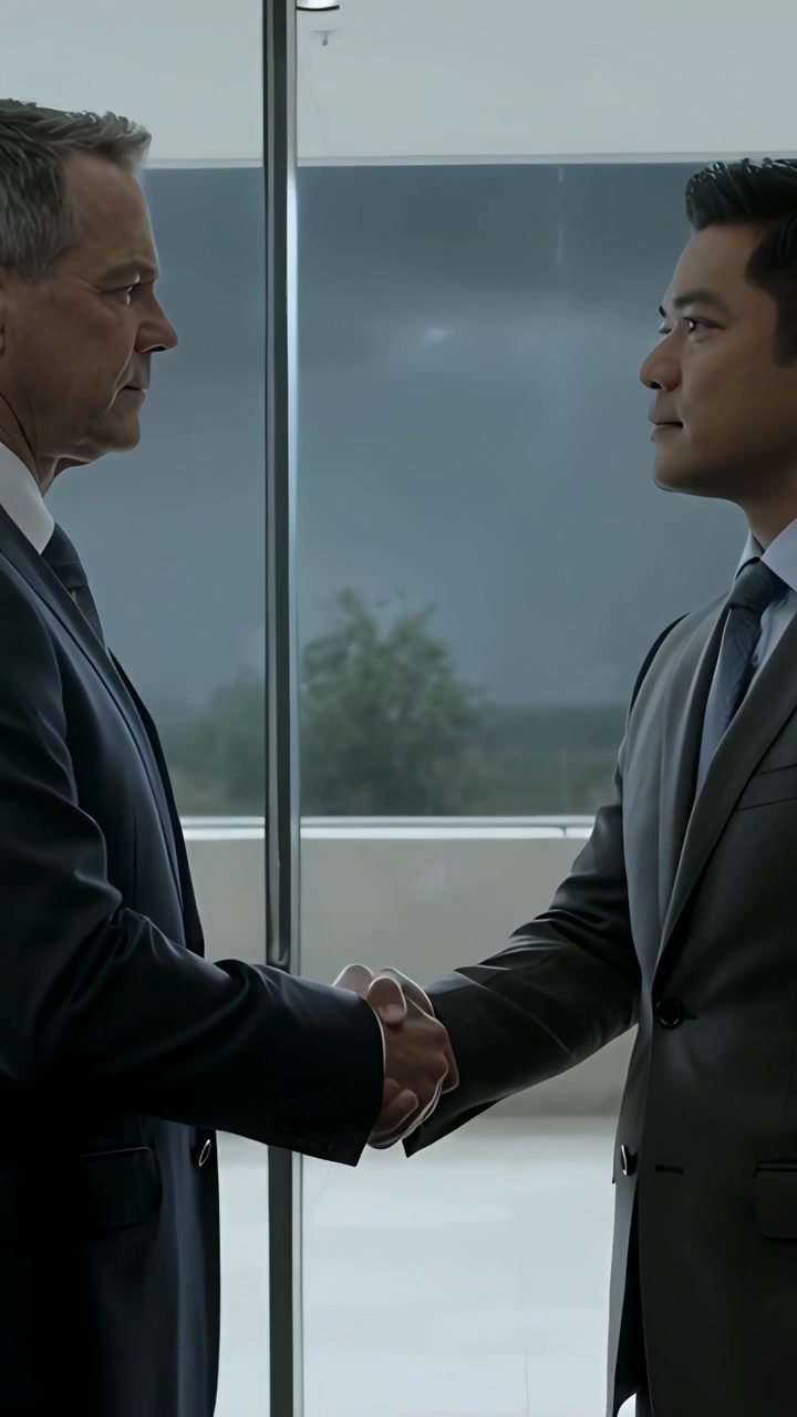 Vertical video: Shaking hands two men in suits post-meeting, keeping gaze by window closing deal