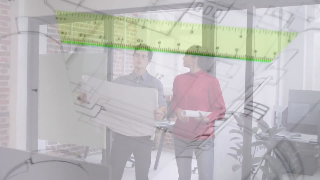 animación de planes y gobernante sobre personas de negocios hablando en la oficina